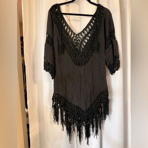Black Boho Fringe Crochet Cover Up Top | Festival Y2K Burning Man